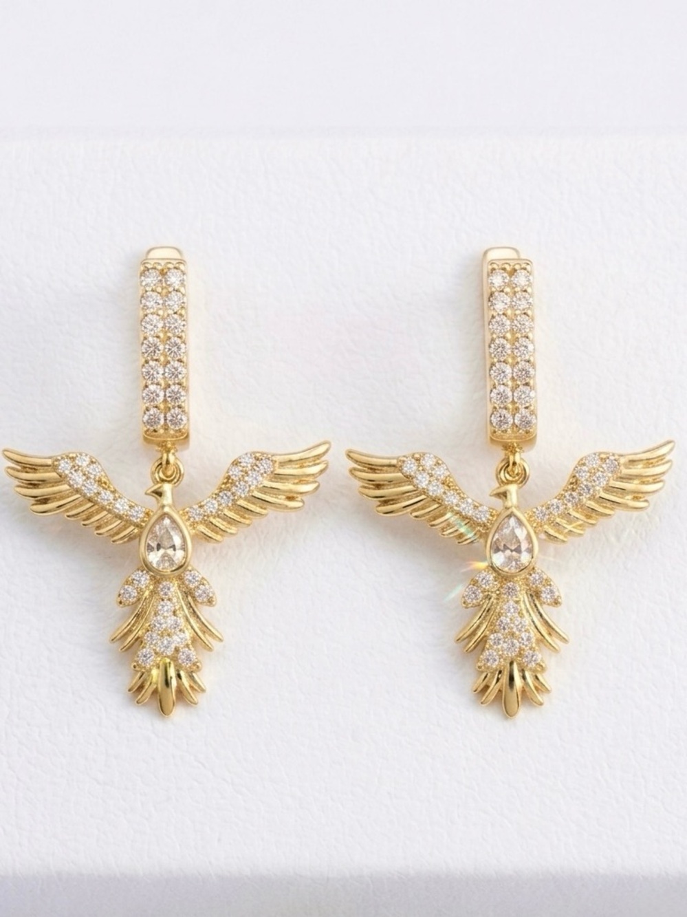 14K Gold Plated Phoenix Wing Huggie Hoop Dangle Earrings with CZ Stones | Trendy